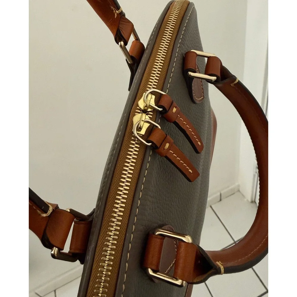 Dooney & Bourke Pebble Grain Domed Satchel Elephant Grey Tan Leather Bag Preppy